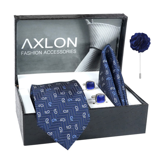 Axlon Men's Paisley Micro Wooven Silk Necktie Gift Set With Pocket Square Cufflinks & Brooch Pin Tie for Men Formal Tie Set with Box (Pack of 4) (AX11_12, Navy Blue)