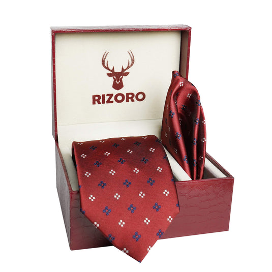 RIZORO Mens Plaid Dotted Silk Necktie Tie Gift Set With Pocket Square & Brooch Pin Formal Tie Set (4D3RS, Free Size)