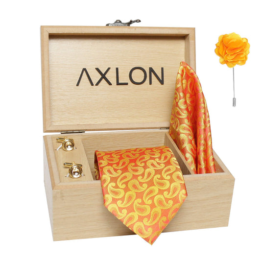 Axlon Men's Micro Polyester Printed Necktie Set with Pocket Square, Brooch Pin and Cufflinks (Yellow, Free Size)