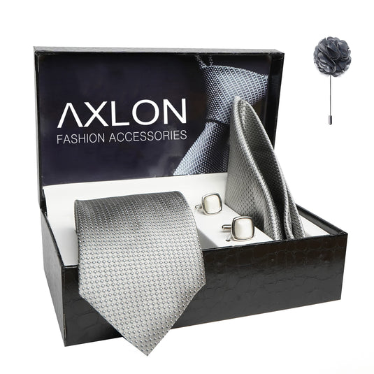 AXLON Mens Plaid Dotted Silk Necktie Gift Set With Pocket Square Cufflinks & Brooch Pin Tie For Men Formal With Leatherite Box (A12RX Free Size) | (Leather Gift Box) (Pack of 4)