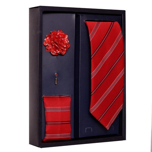 Axlon Men's Polyester Necktie Set with Pocket Square, Brooch Pin and Cufflinks (Free Size, Red)