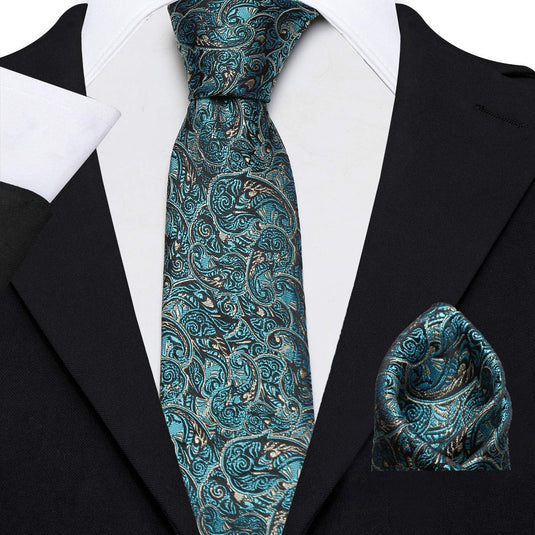 AXLON Men's Micro Polyester Paisley Necktie Set with Pocket Square and Brooch Pin (Cyan, Free Size)