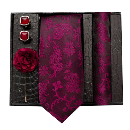 Axlon Formal/Casual Printed Polyester Necktie Set with Pocket Square, Brooch Pin and Cufflinks for Men