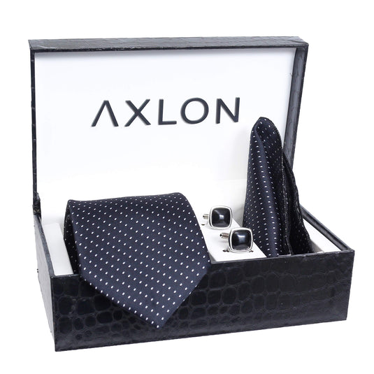 Axlon Men Formal/Casual Weaved Polyester Neck Tie Pocket Square Accessory Gift Set with Cufflinks and Brooch Pin - Dotted Black (Free Size, ltr_824)