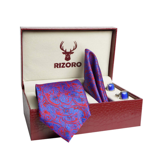 RIZORO Mens Plaid Pasiley Silk Necktie Tie Gift Set With Pocket Square, Cufflinks & Brooch Pin Formal Tie With Leatherite Box (PARRB, Free Size)