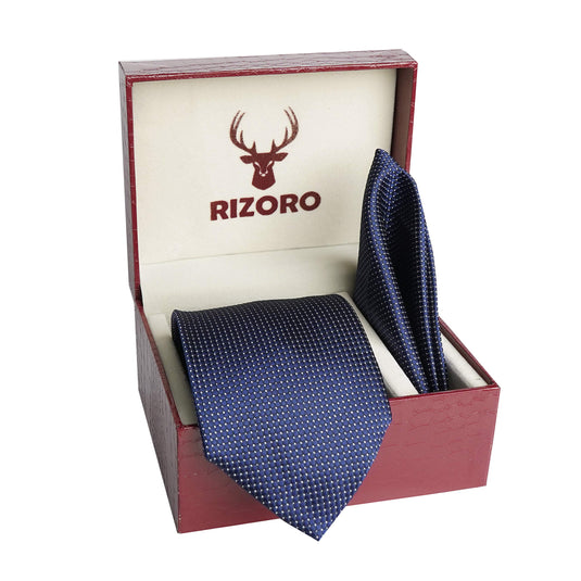 RIZORO Men Dotted Micro Fibre Necktie Gift Set With Pocket Square & Brooch Pin Formal Tie (Blue A13BLRS Free Size)