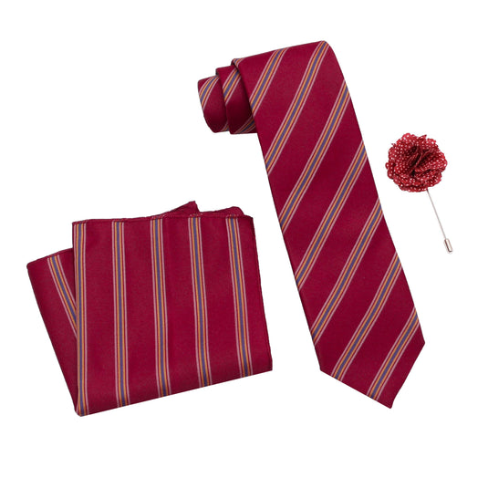 AXLON Men's Micro Polyester Floral Necktie Set with Pocket Square and Brooch Pin (Red ,Free Size)