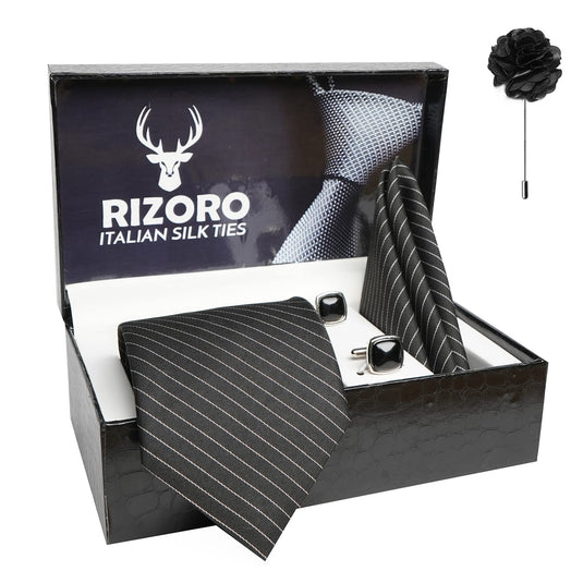 RIZORO Mens Plaid Stripped Silk Necktie Gift Set With Pocket Square Cufflinks & Brooch Pin Formal Tie With Leatherite Box (S1RX Free Size) | (Leather Gift Box) (Pack of 4)