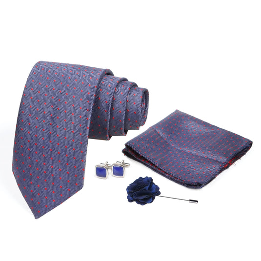 AXLON Mens Plaid Micro Self Silk Necktie Gift Set With Pocket Square Cufflinks & Brooch Pin Formal Tie With Box (SLKP_7, Blue)