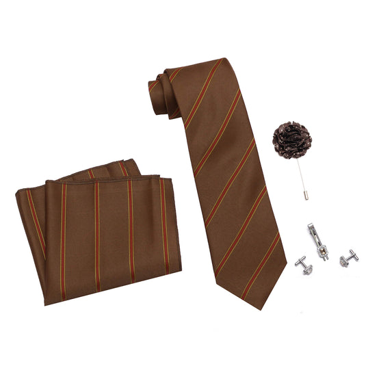 Axlon Men's Micro Polyester Necktie Set with Pocket Square, Brooch Pin and Cufflinks (Light Brown, Free Size)