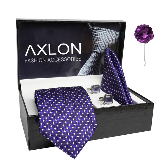 AXLON Mens Plaid Dotted Silk Necktie Gift Set With Pocket Square Cufflinks & Brooch Pin Tie For Men Formal With Leatherite Box (A11RX Free Size) | (Leather Gift Box) (Pack of 4)