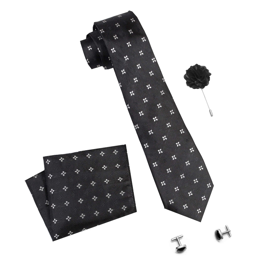 RIZORO Mens Plaid Dotted Silk Necktie Tie Gift Set With Pocket Square, Cufflinks & Brooch Pin Formal Tie With Leatherite Box (4D2RB, Free Size)