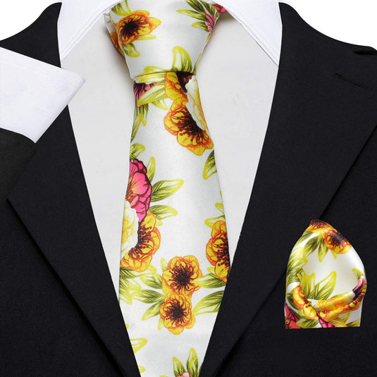 Axlon Men's Micro Polyester Floral Necktie Set with Pocket Square and Brooch Pin (Yellow ,Free Size)