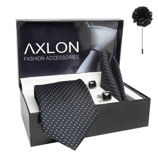 AXLON Mens Plaid Dotted Silk Necktie Gift Set With Pocket Square Cufflinks & Brooch Pin Tie For Men Formal With Leatherite Box (D1RX Free Size) | (Leather Gift Box) (Pack of 4)