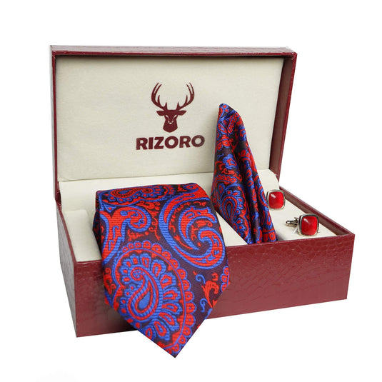 RIZORO Mens Plaid Pasiley Silk Necktie Tie Gift Set With Pocket Square, Cufflinks & Brooch Pin Formal Tie With Leatherite Box (AMBI5RB, Free Size)