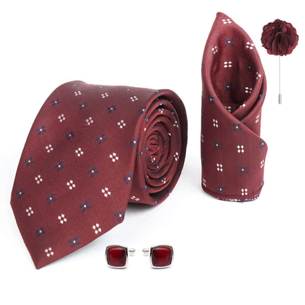 RIZORO Mens Plaid Dotted Silk Necktie Gift Set With Pocket Square Cufflinks & Brooch Pin Formal Tie With Leatherite Box (4D3RX Free Size) | (Leather Gift Box) (Pack of 4)