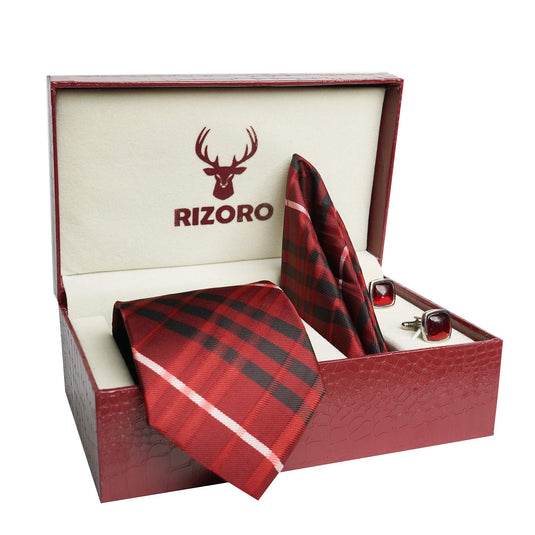 RIZORO Mens Plaid Checkered Silk Necktie Tie Gift Set With Pocket Square, Cufflinks & Brooch Pin Formal Tie With Leatherite Box (BURRB, Free Size)