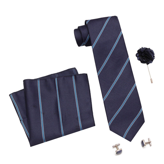 RIZORO Mens Plaid Stripped Silk Necktie Tie Gift Set With Pocket Square, Cufflinks & Brooch Pin Formal Tie With Leatherite Box (Navy Blue, S5NBRB, Free Size)