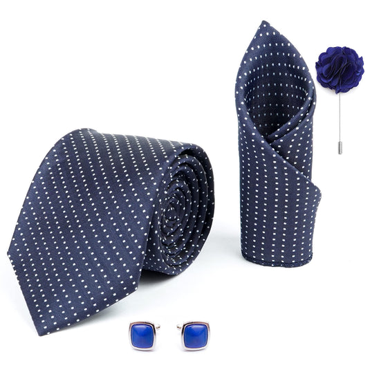 AXLON Mens Plaid Dotted Silk Necktie Gift Set With Pocket Square Cufflinks & Brooch Pin Tie For Men Formal With Leatherite Box (D1RX Free Size) | (Leather Gift Box) (Pack of 4)