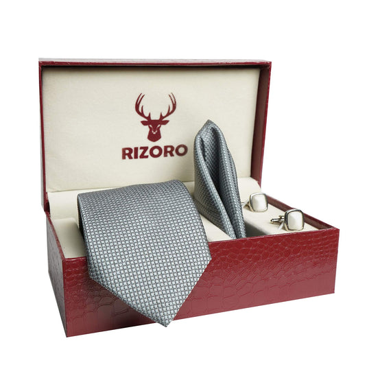 RIZORO Mens Plaid Dotted Silk Necktie Tie Gift Set With Pocket Square, Cufflinks & Brooch Pin Formal Tie With Leatherite Box (A10RB, Free Size)