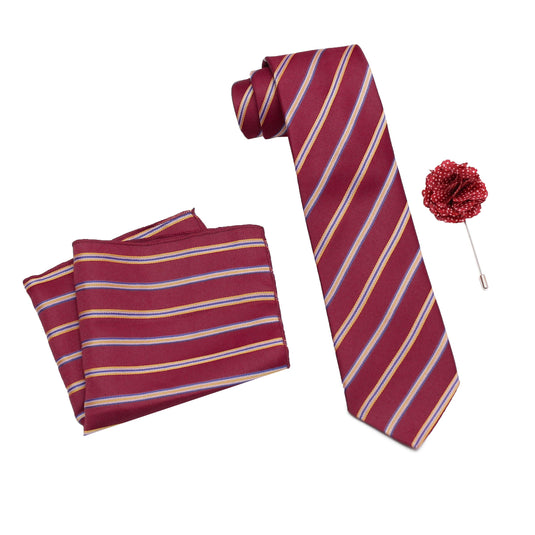 Axlon Men's Micro Polyester Striped Necktie Set with Pocket Square and Brooch Pin (Red , Free Size)