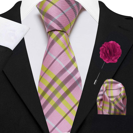 AXLON Men's Micro Polyester Checkered Necktie Set with Pocket Square and Brooch Pin (Pink , Free Size)