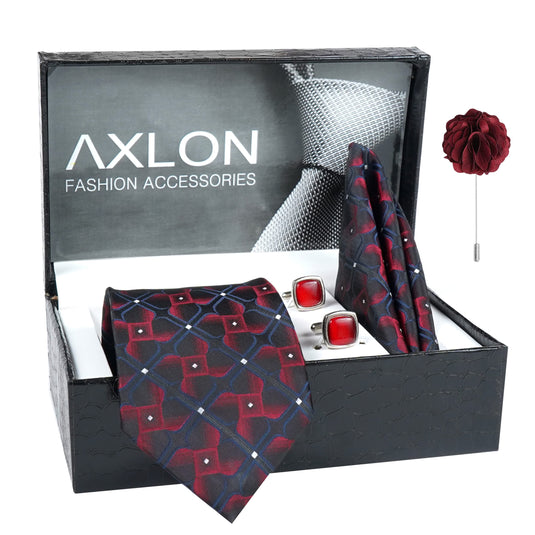 Axlon Men's 3D Micro Wooven Silk Necktie Gift Set With Pocket Square Cufflinks & Brooch Pin Tie for Men Formal Tie Set with Box (Pack of 4) (AX11_4, Blue Wine)