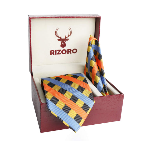 RIZORO Men Stripped Micro Fibre Necktie Gift Set With Pocket Square & Brooch Pin Formal Tie (Yellow STRIPM1YWRS Free Size)