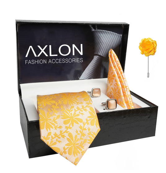 AXLON Mens Plaid Pasiley Silk Necktie Gift Set With Pocket Square Cufflinks & Brooch Pin Tie For Men Formal With Leatherite Box (PUNRX Free Size) | (Leather Gift Box) (Pack of 4)