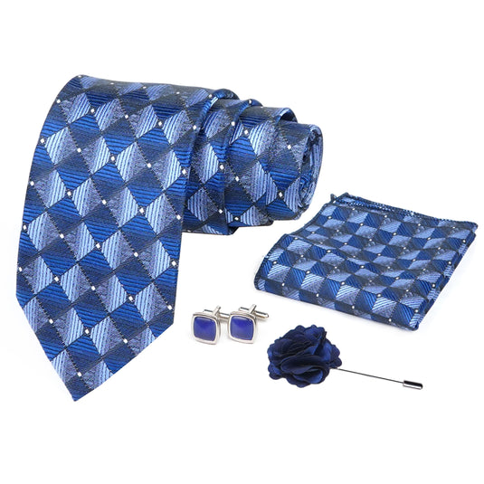 AXLON Mens Plaid Micro Self Silk Necktie Gift Set With Pocket Square Cufflinks & Brooch Pin Formal Tie With Box (SLKP_3, Blue)