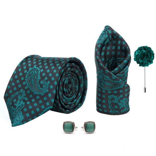 Axlon Men's Paisley Micro Wooven Silk Necktie Gift Set With Pocket Square Cufflinks & Brooch Pin Tie for Men Formal Tie Set with Gifting Box (Pack of 4) (AX11_5, Bottle Green)