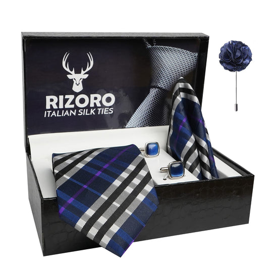 RIZORO Mens Plaid Checkered Silk Necktie Gift Set With Pocket Square Cufflinks & Brooch Pin Formal Tie With Leatherite Box (Blue BURXLRX Free Size)