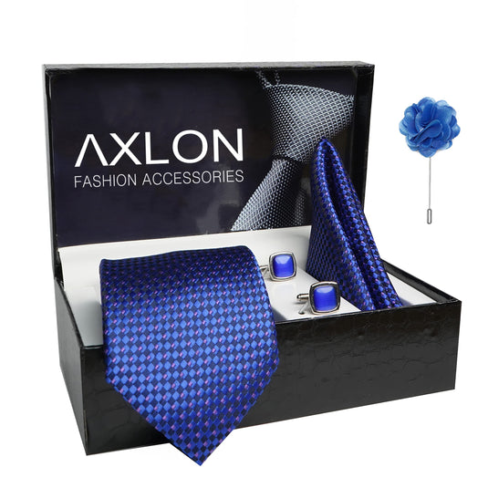 AXLON Mens Plaid Dotted Silk Necktie Gift Set With Pocket Square Cufflinks & Brooch Pin Tie For Men Formal With Leatherite Box (A14RX Free Size) | (Leather Gift Box) (Pack of 4)