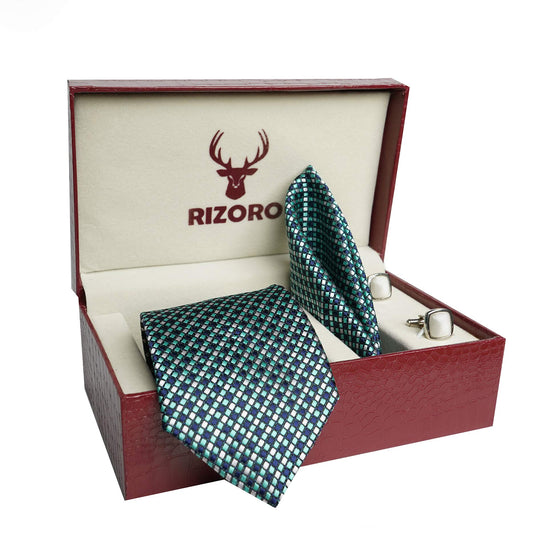 RIZORO Mens Plaid Dotted Silk Necktie Tie Gift Set With Pocket Square, Cufflinks & Brooch Pin Formal Tie With Leatherite Box (A14RB, Free Size)