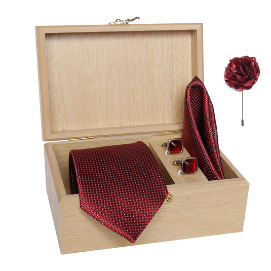 AXLON Men's Micro Polyester Dotted Necktie Set with Pocket Square, Brooch Pin and Cufflinks in Wooden Box (Free Size)