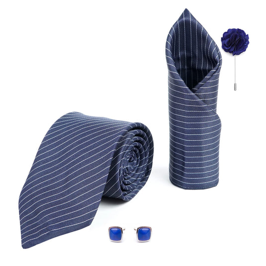 RIZORO Mens Plaid Stripped Silk Necktie Gift Set With Pocket Square Cufflinks & Brooch Pin Formal Tie With Leatherite Box (S1RX Free Size) | (Leather Gift Box) (Pack of 4)