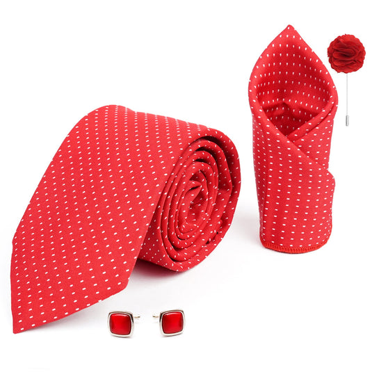 AXLON Mens Plaid Dotted Silk Necktie Gift Set With Pocket Square Cufflinks & Brooch Pin Tie For Men Formal With Leatherite Box (D1RX Free Size) | (Leather Gift Box) (Pack of 4)