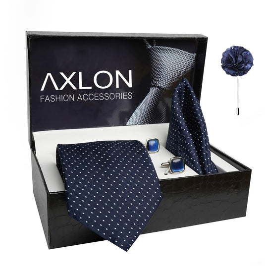 AXLON Mens Plaid Dotted Silk Necktie Gift Set With Pocket Square Cufflinks & Brooch Pin Tie For Men Formal With Leatherite Box (D1RX Free Size) | (Leather Gift Box) (Pack of 4)