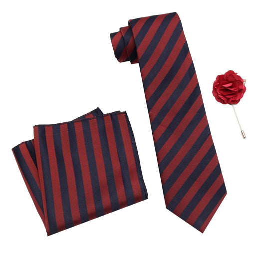 RIZORO Mens Plaid Stripped Silk Necktie Tie Gift Set With Pocket Square & Brooch Pin Formal Tie Set (S3RS, Free Size)