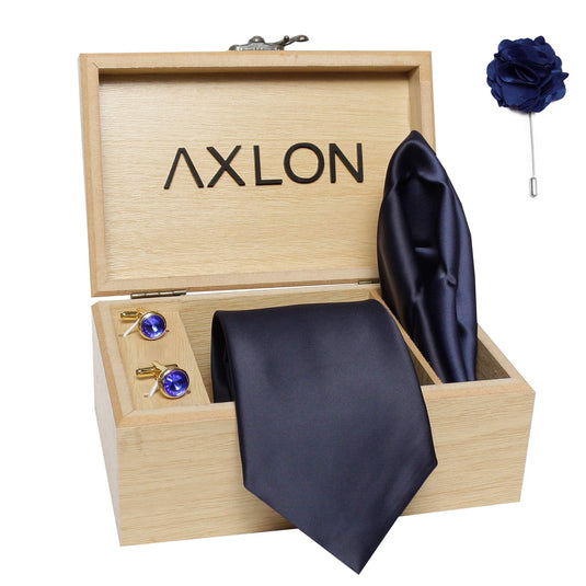 Axlon Men's Micro Polyester Plain Necktie Set with Pocket Square, Brooch Pin and Cufflinks (Blue, Free Size)