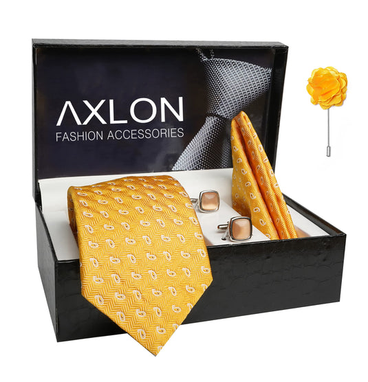 AXLON Mens Plaid Pasiley Silk Necktie Gift Set With Pocket Square Cufflinks & Brooch Pin Tie For Men Formal With Leatherite Box (AMBICRX Free Size) | (Leather Gift Box) (Pack of 4)