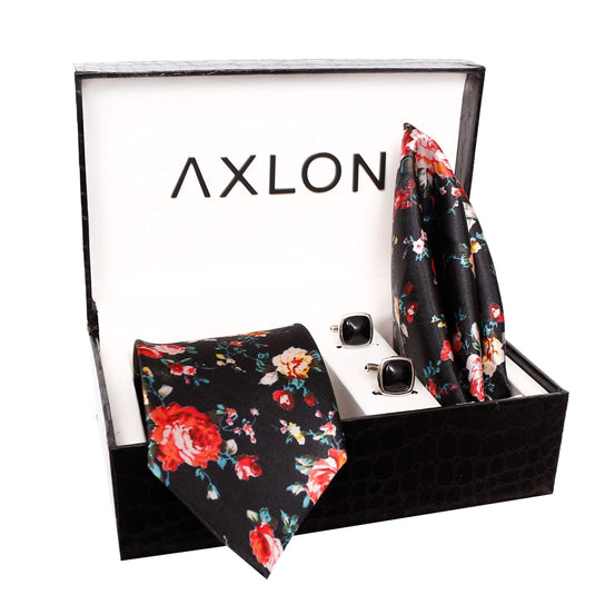 Axlon Formal/Casual Printed Polyester Necktie Set with Pocket Square, Brooch Pin and Cufflinks for Men (Free Size, Black)