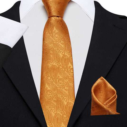 AXLONMen's Micro Polyester Paisley Necktie Set with Pocket Square and Brooch Pin (Mustard, Free Size)