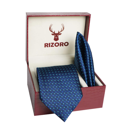 RIZORO Men Paisley Micro Fibre Necktie Gift Set With Pocket Square & Brooch Pin Formal Tie (Blue AMBI5BLRS Free Size)