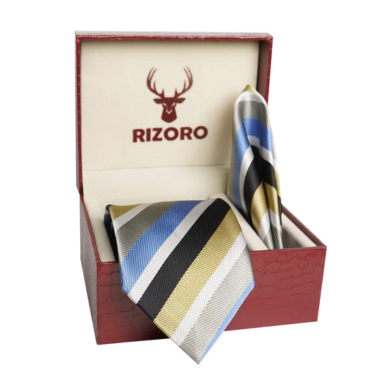 RIZORO Mens Plaid Stripped Silk Necktie Tie Gift Set With Pocket Square & Brooch Pin Formal Tie Set (STRIPM2RS, Free Size)