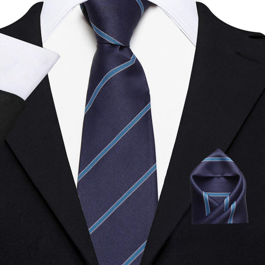 Axlon Men's Micro Polyester Striped Necktie Set with Pocket Square and Brooch Pin (Blue , Free Size)