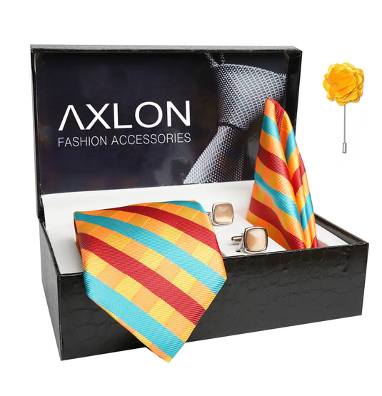 AXLON Mens Plaid Stripped Silk Necktie Gift Set With Pocket Square Cufflinks & Brooch Pin Tie For Men Formal With Leatherite Box (STRIPM1RX Free Size) | (Leather Gift Box) (Pack of 4)