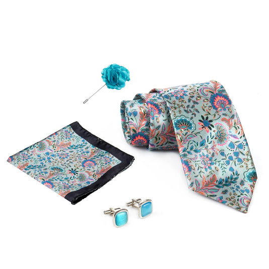 RIZORO Sky Blue Mens Paisley Micro Print Silk Necktie Gift Set With Pocket Square Cufflinks & Brooch Pin Formal Tie With Wooden Box Free Size | (Wooden Gift Box ) (Pack of 4) (RPL_49)