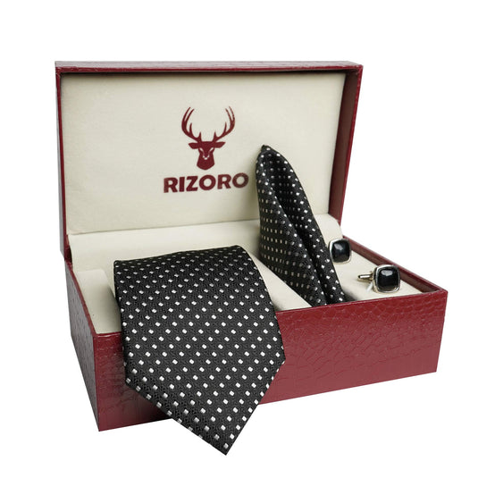 RIZORO Mens Plaid Dotted Silk Necktie Tie Gift Set With Pocket Square, Cufflinks & Brooch Pin Formal Tie With Leatherite Box (A11RB, Free Size)