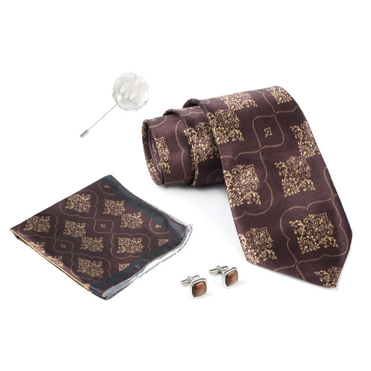 RIZORO Brown Mens Paisley Micro Print Silk Necktie Gift Set With Pocket Square Cufflinks & Brooch Pin Formal Tie With Wooden Box Free Size | (Wooden Gift Box ) (Pack of 4) (RPL_23)